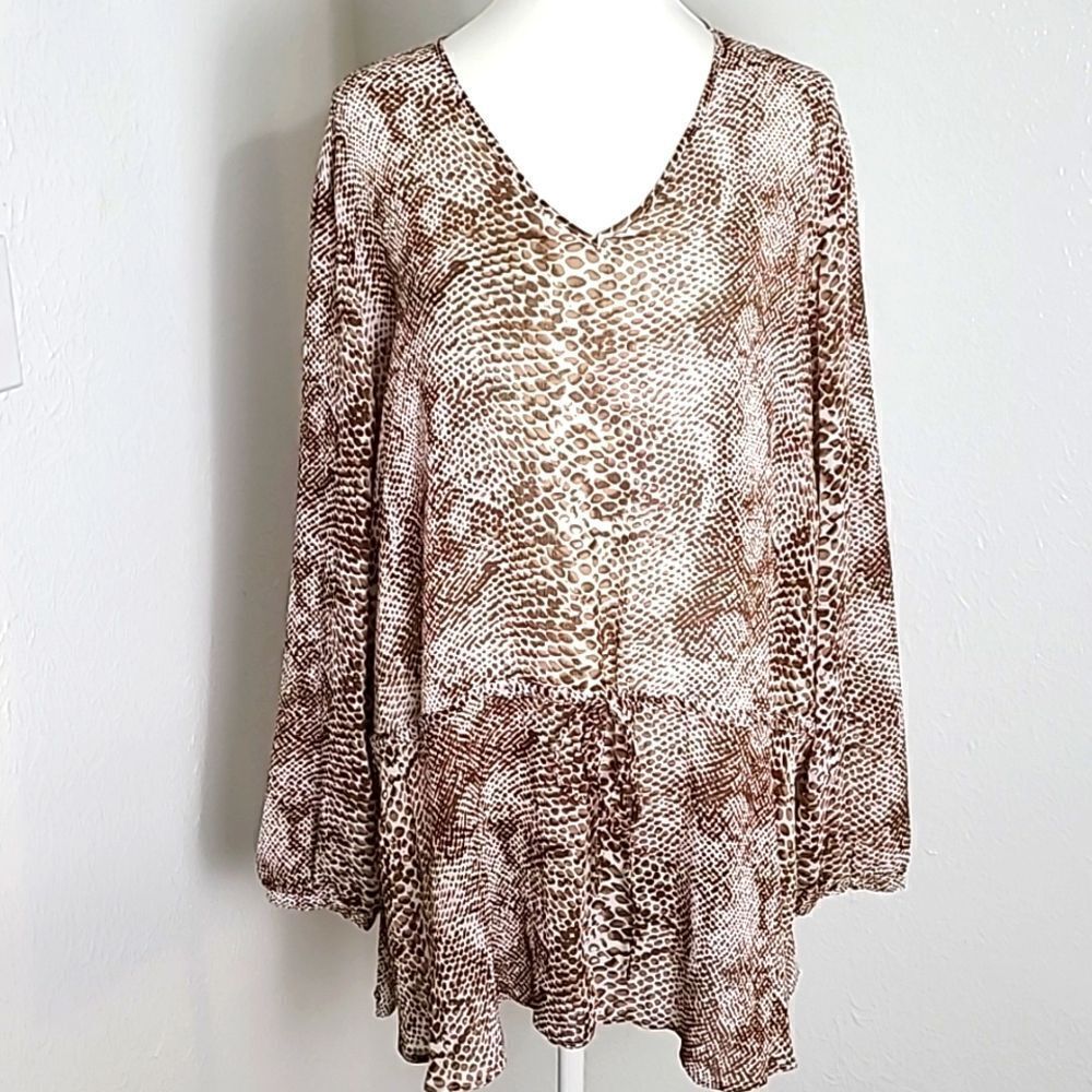 Susan Graver Brown & Beige Print Sheer Blouse, Elastic Tie Waist, Size 2X